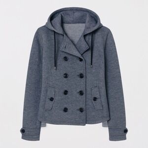 Women's Gray Hooded Flannel Peacoat Jacket‎ Medium Academia Preppy Minimalist